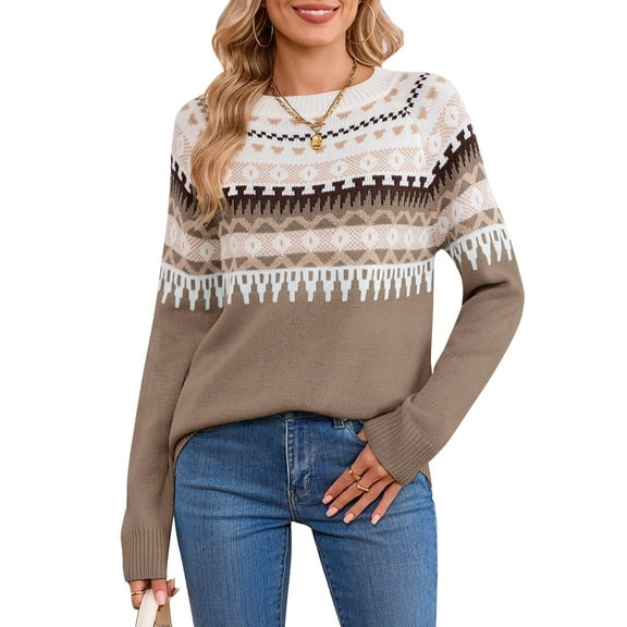 Women's Fair Isle Sweater, Crew Neck Long Sleeve Knit Pullover Christmas Holiday Winter Sweater by Cogild