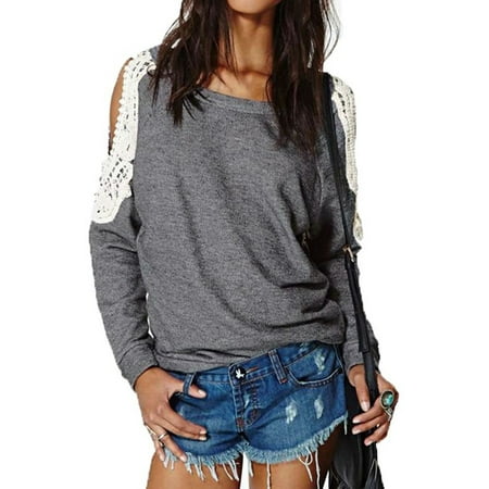 - Womens Sexy Lace Crochet Splice Off-the-shoulder Long Sleeve Blouses