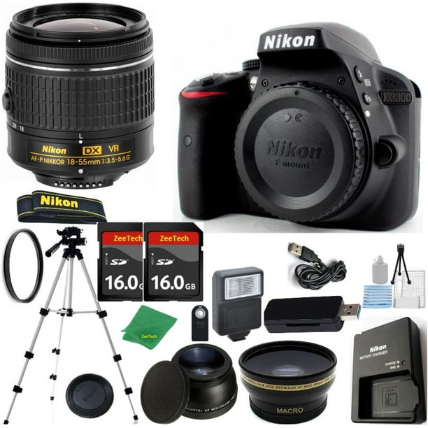 Cámara Réflex Digital NIKON D3300 DX - Versión Internacional + Lente AF-P de 18-55 Mm + KIT de Inicio + Trípode + 2 Tarjetas SD de 16 Gb + Lector + Estuche + Gran Angular + TELE + FLASH