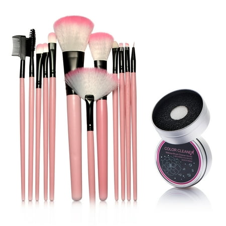 Zodaca 12pcs Makeup Brushes Set Kit Powder Blush Eyeshadow Foundation Blending Eyeliner Highlighter Tools with Pink Case Bag + Makeup Brush Cleaner Color Switch Duo Sponge (2-in-1 Accessory