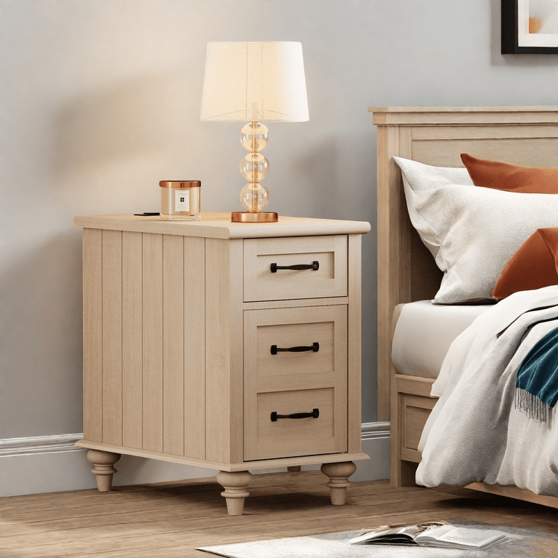 Beige Side Table with Drawer & Cabinet, Elegant End Table with Charging Station, Wooden Nightstand for Bedroom, Living Room