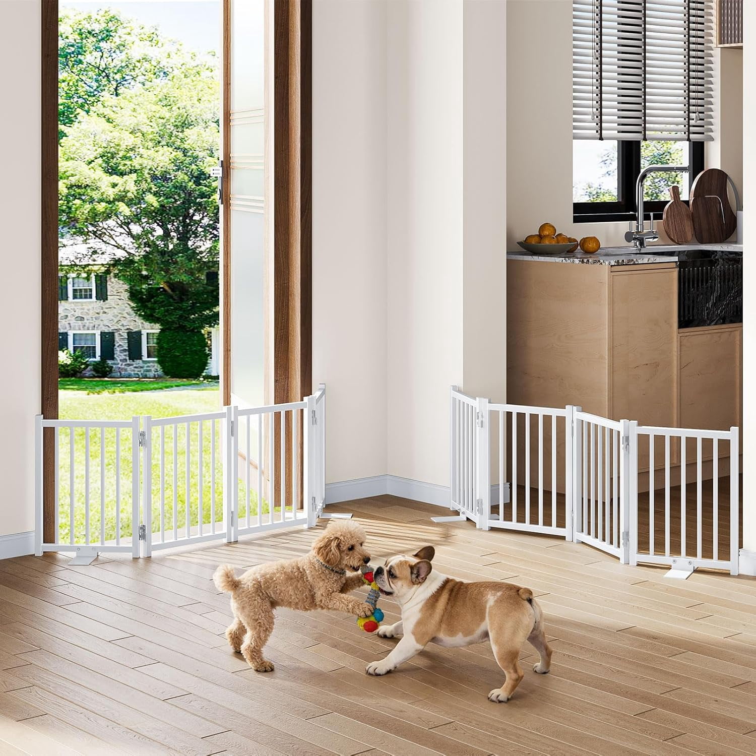 2 Pack Short Dog Gate Indoor, 16" High Freestanding Small Dog Gates with Support Feet, Expand Up to 48’’Wide Foldable Pet Gate for Doorway, 8 Panel Pet Door Pet Fence for Puppy, White