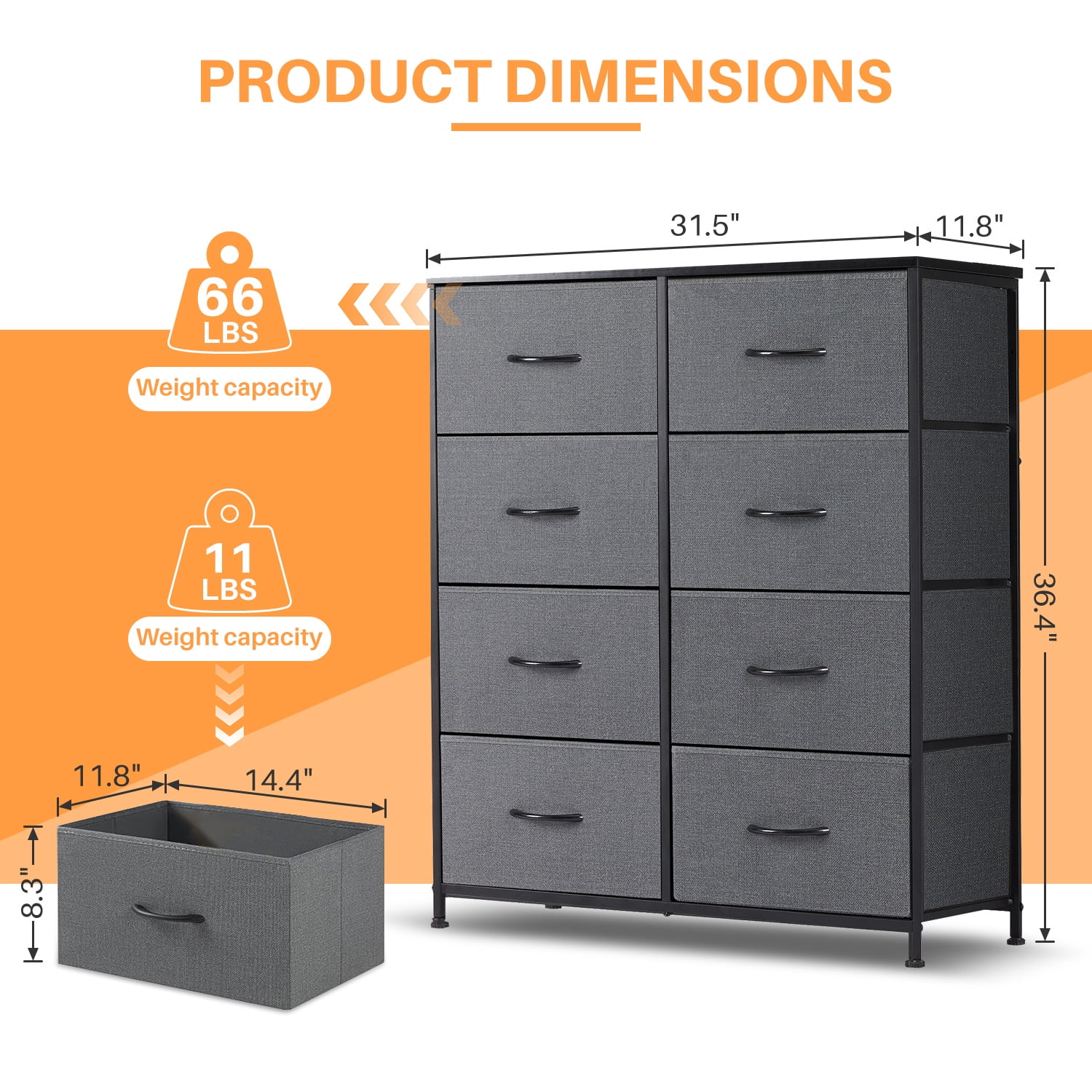 Simenmax 8 Drawer Dresser for Bedroom Fabric Dresser Chest of Closets Storage Units Organizer Tower Wooden Top Shelf for Bedroom, Hallway, Entryway, Closet,Gray