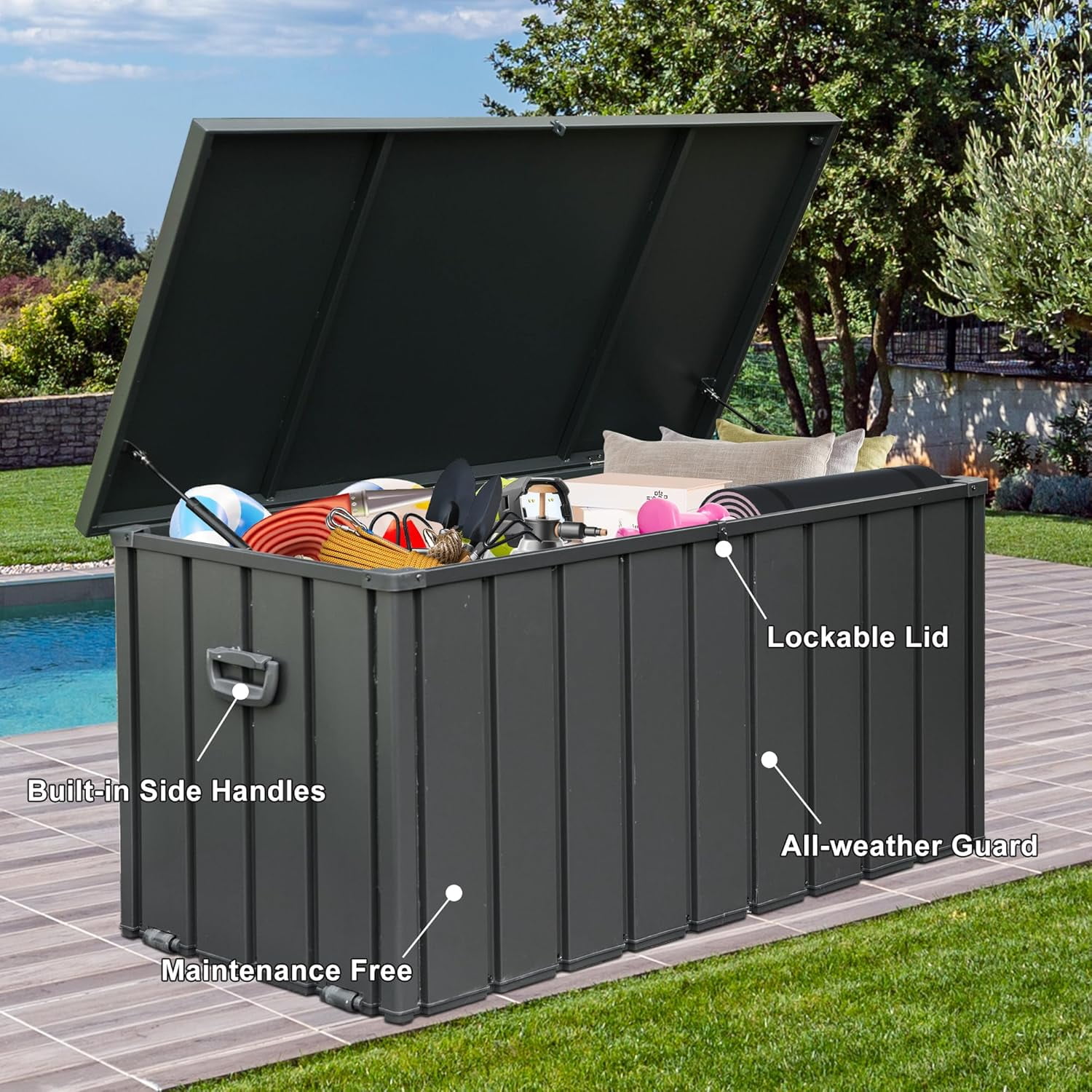 TOTAL Outdoor 200 Gallon Outdoor Deck Box,Waterproof & Rodent-Proof Steel-Reinforced Deck Container,Hydraulic Safety Lid with Lock,Patio, Garden, Pool Equipment Organizer,Dark Gray