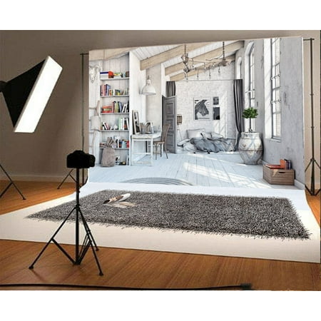 HelloDecor Polyster 7x5ft Photography Backdrop Creative Bedroom Decorations Bookshelf Desk Wood Floor and Roof Scene Photo Background Children Baby Adults Portraits (World Best Creative Photography)