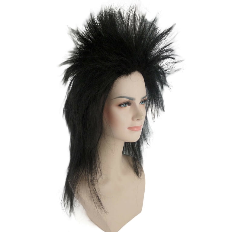 Mens Black/White Long Spiky Mullet Wig - Bogan/Punk Rock Costume for 80s Party