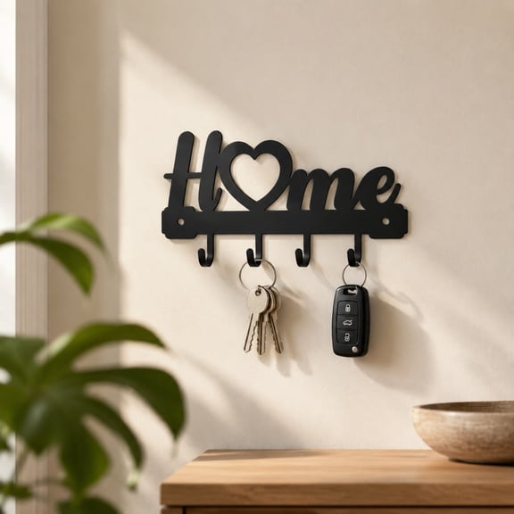 Entryway Wall Key Holder with 4 Hooks, Metal Key Rack Wall Mount for Keys, Bags and Leashes, Decorative Organizer for Entryway, Mudroom or Hallway, 6.9 inches, Black