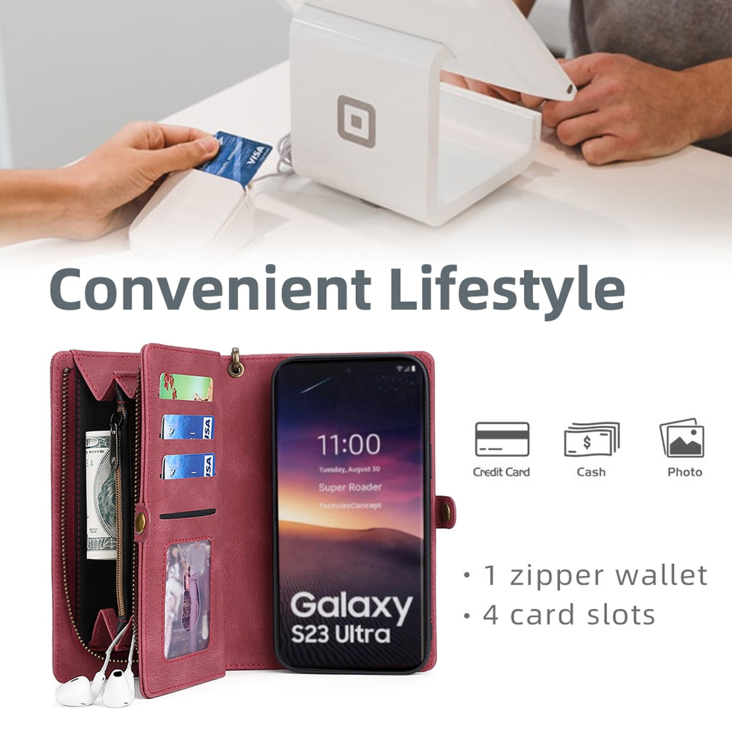 Detachable Wallet Case for Samsung Galaxy A42 5G, 2-in-1 Zipper Wallet with Credit Card Holder, PU Leather Wrist Strap Flip Stand Shockproof Removable Magnetic Purse Phone Cover, Red