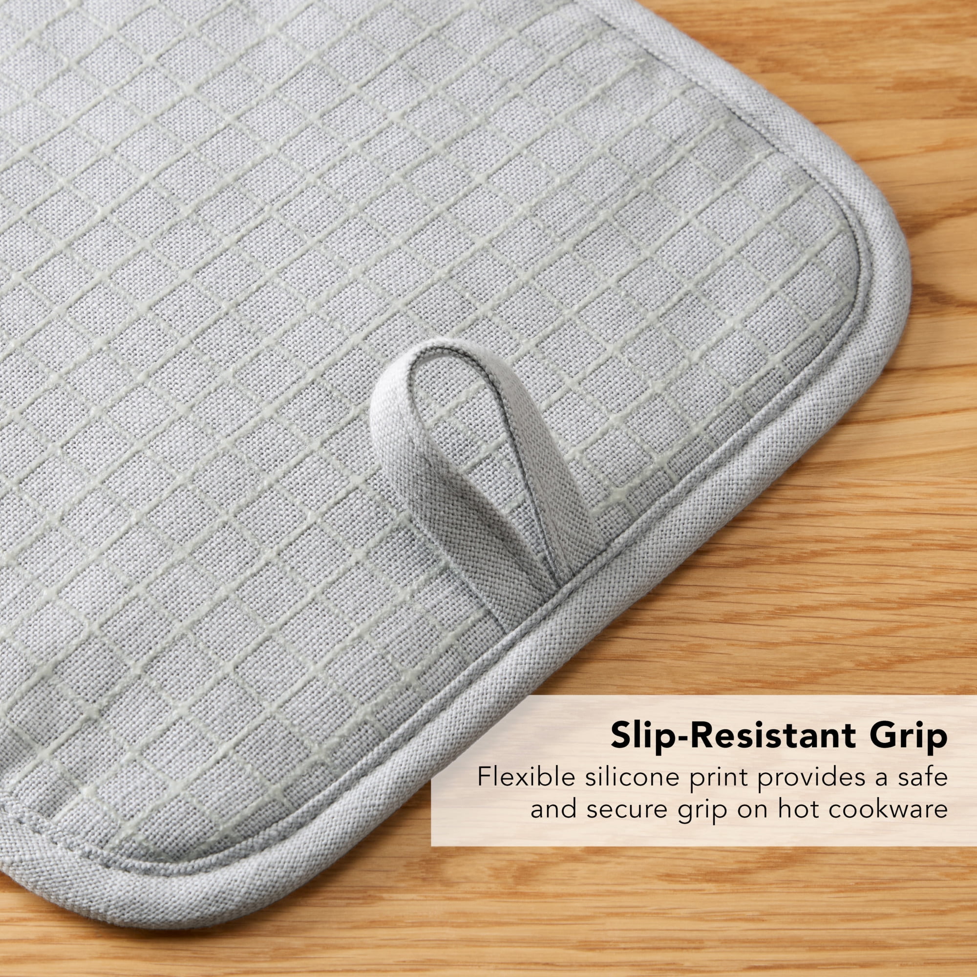 KITCHENAID Gourmet Series Gridlines Pot Holders 2-Pack Set, Heat Resistant up to 600°F, Soft Silicone Grip, Magnetic Cuff, Matte Grey, 8"x8"