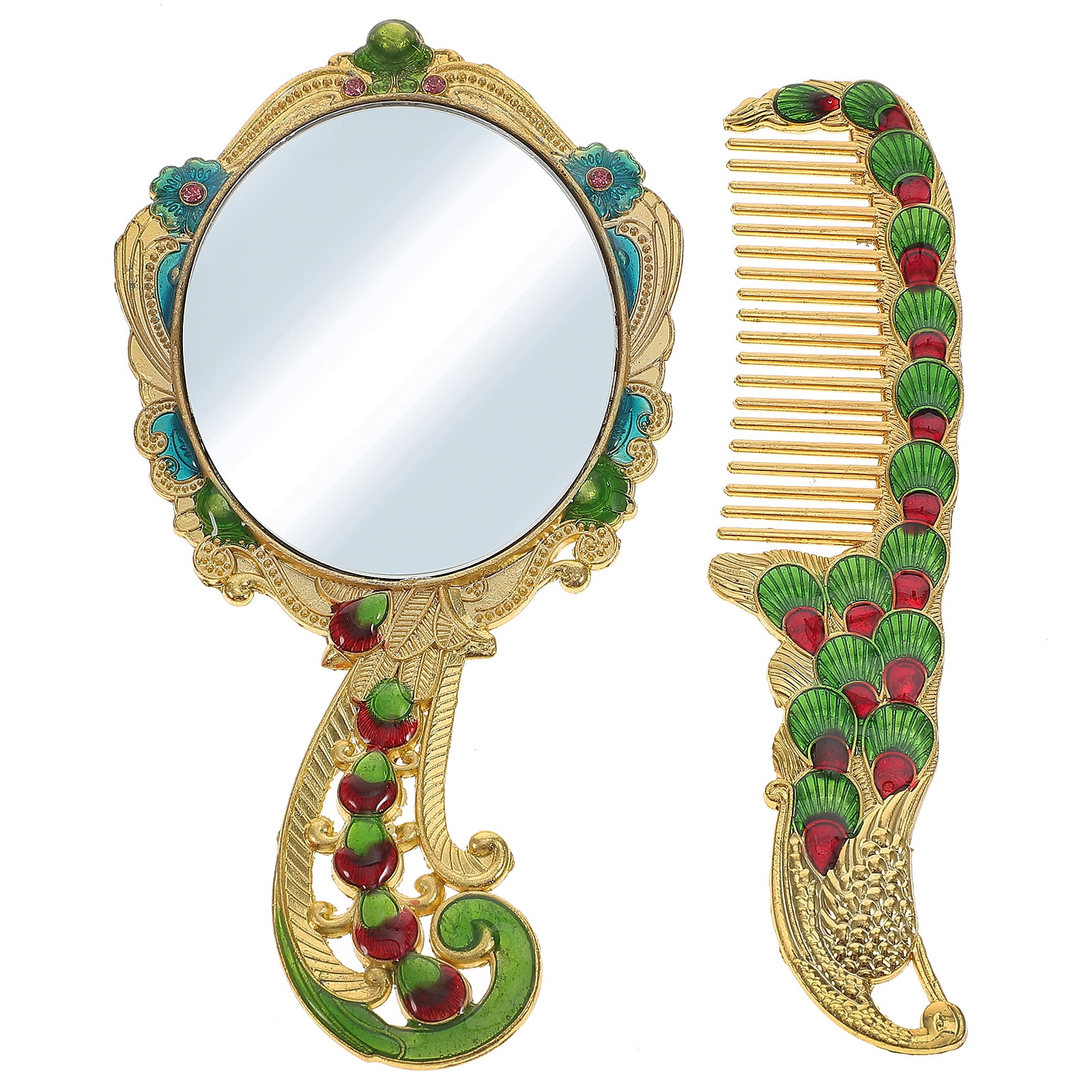 1 Set Vintage Makeup Alloy Mirror with Comb Portable Handheld Vanity