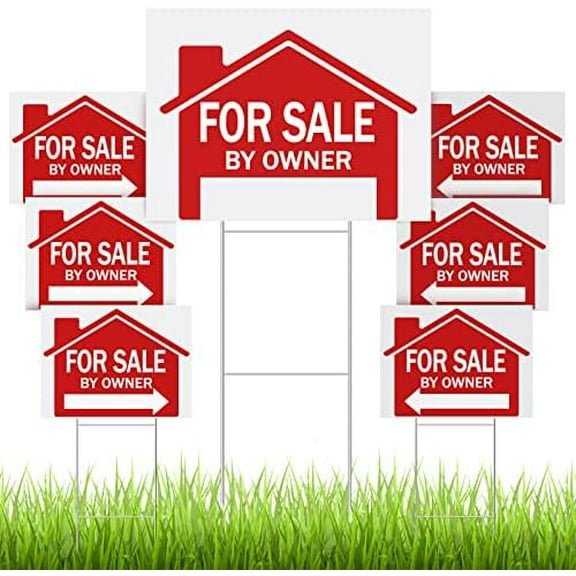 7 Pcs 24 x 18 Inch for Sale by Owner Sign Double Sided Open House Real Estate Posts Yard Sale Signs with Directional Arrows and 7 Pcs 24 x 9.84 Inch H Metal Stakes