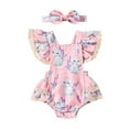 thumbnail image 2 of Elippeo Summer Easter Infant Baby Girl Outfits 3 6 9 12 18 Months Fly Sleeve Bunny Print Bodysuit + Bow Headband Clothes Set, 2 of 10