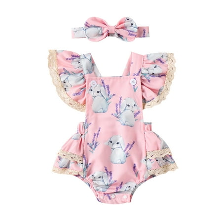 

Wilcliar Baby Girl Easter Outfits Fly Sleeve Bunny Print Romper 3D Bow Headband