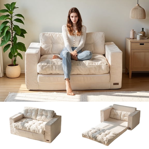BYBYME Convertible Futon Sofa Bed,Pull Out Couch Beds Loveseat Sleeper,2 in 1 Folding Couch Bed with Pillows for Living Room Bedroom,Beige