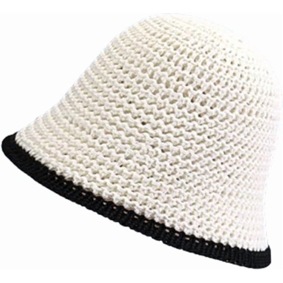 Zhengup Women Crochet Knit Bucket Hat Woven Beach Sun Hat Floppy Solid Travel Bucket Hat Summer Spring Foldable Contrast Brim