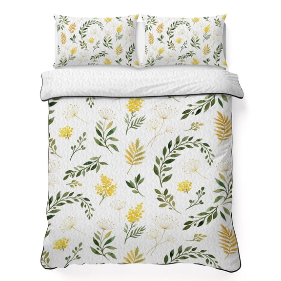 Quilts Twin XL Size Bedding Set, Yellow Green Leaves Lightweight Quilted Comforter, Farmhouse Spring Summer Botanical Soft Reversible Bedspread Coverlet with Pillow Covers for All Season, 68" x 98"