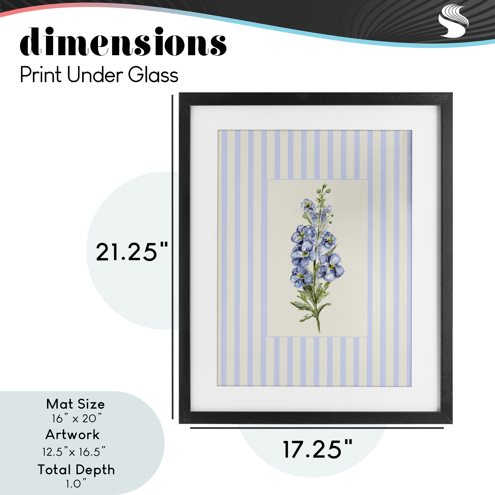 Blue Stripe Larkspur Black Framed Print Under Glass, design by Lisa Wehmeyer