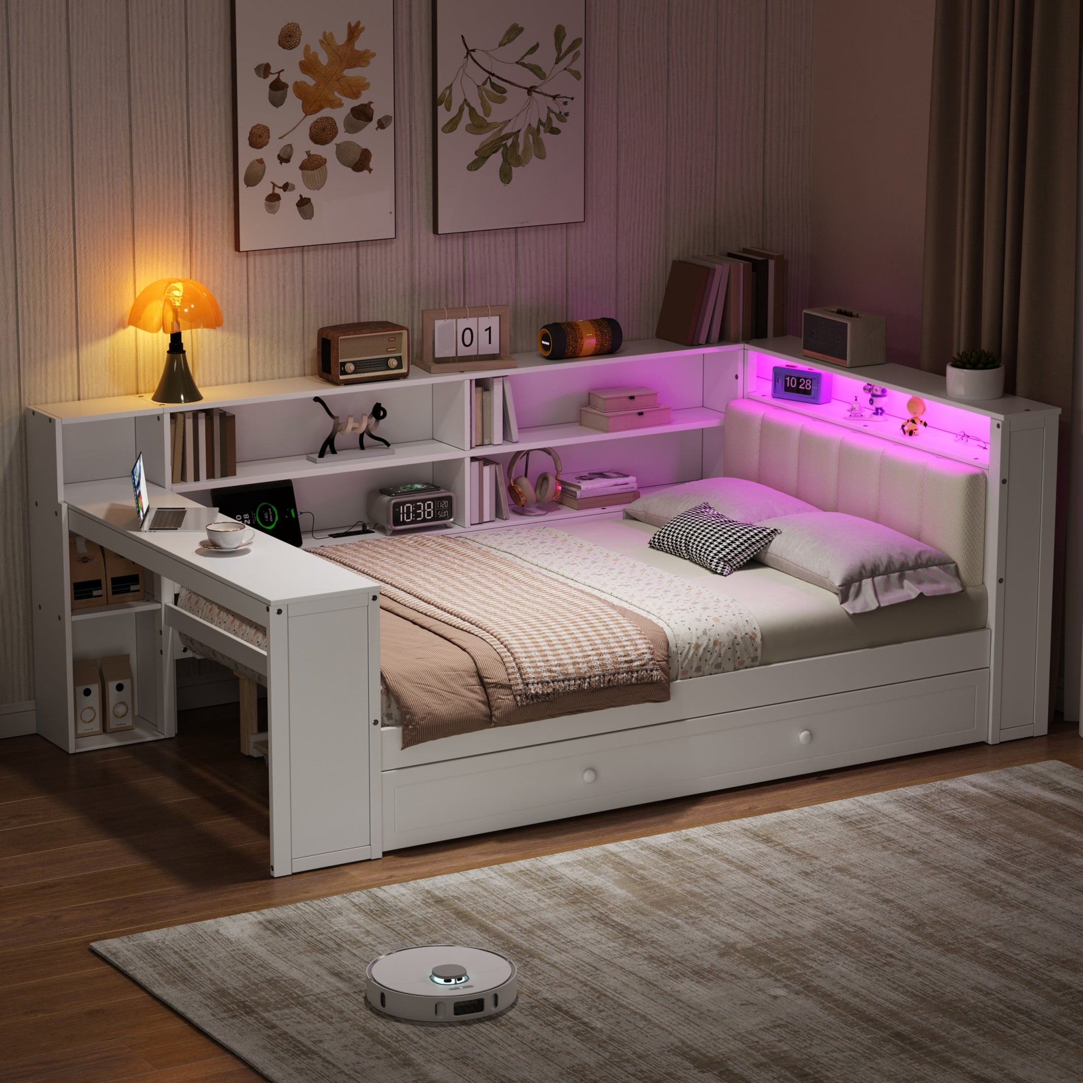 Noble House Full Platform Bed with Storage Shelves and Trundle, LED Desk and Integrated USB, Upholstered Headboard, White