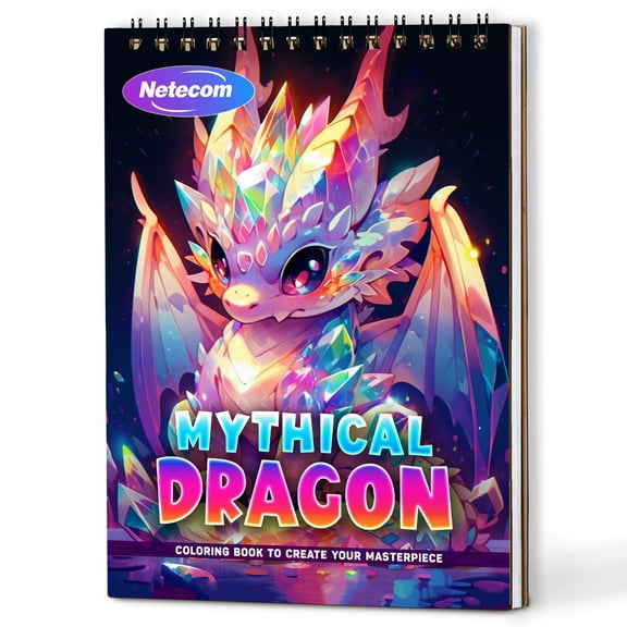 Netecom Mythical Dragon Coloring Book Spiral Bound For Adults, A5 Wooden Cover, 30 Stunning Coloring Pages in Fantasy Dragon Designs for Stress Relief and Relaxation
