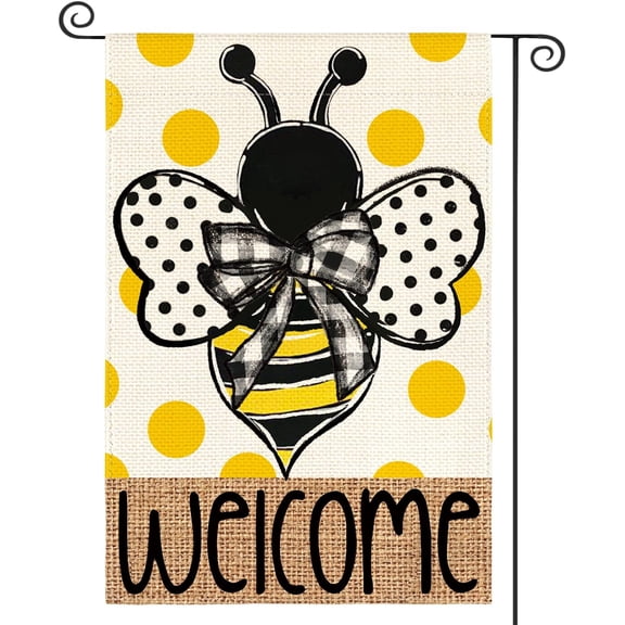 Summer Polka Dot Bee Welcome Garden Flag 12x18 Inch Double Sided Outside, Seasonal Holiday Burlap Yard Outdoor Decoration