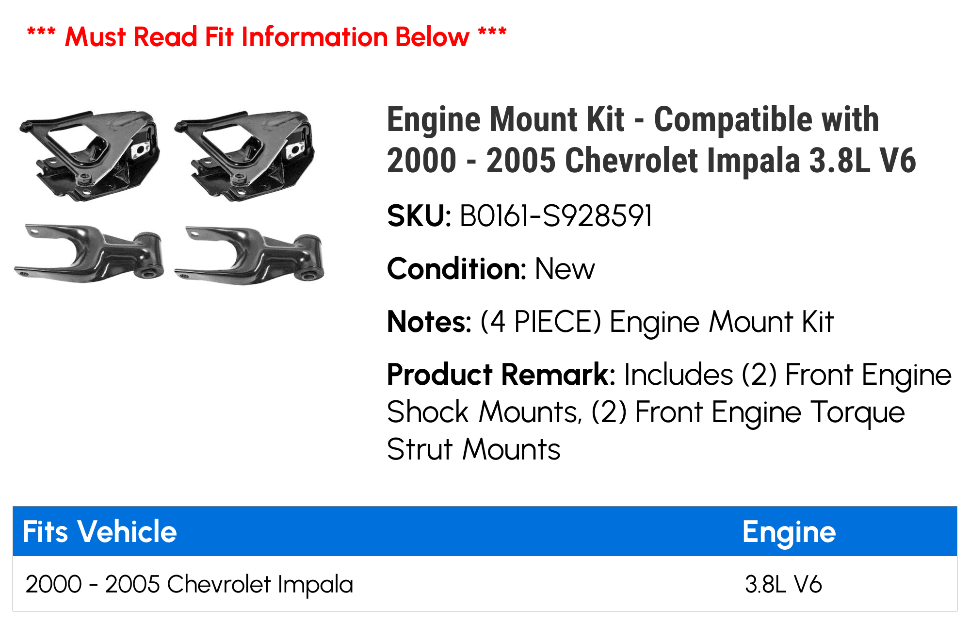 Engine Mount Kit - Compatible with 2000 - 2005 Chevy Impala 3.8L V6 2001 2002 2003 2004