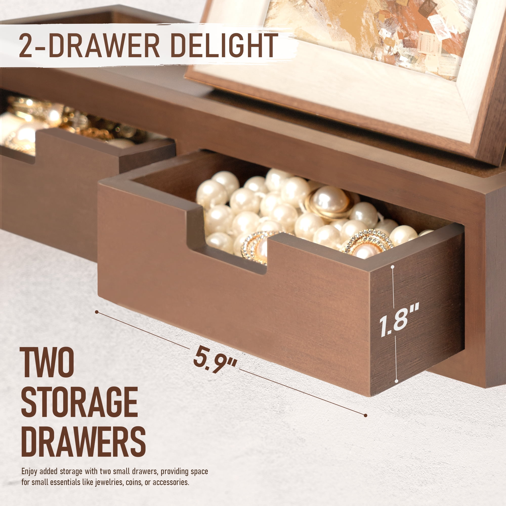 Rebee Vision Key Holder Wall Mount with 2 Drawer Organizer - Decorative Mail Organizer with 6 Key Hooks & Shelf (Brown, 14inch)