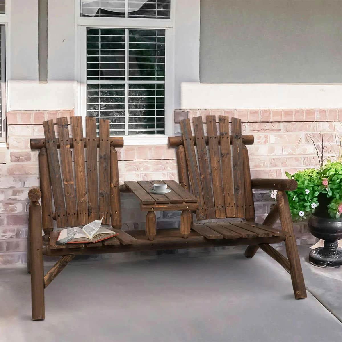 Spaco 2-Seat Wooden Adirondack Chair, Patio Bench with Table, Loveseat Fire Pit Chair for Outdoor, Brown