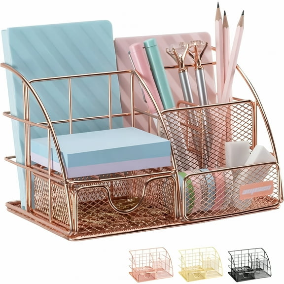 LAMIRO Rose Gold Desk Organizer for Women,Mesh Office Supplies Desk Accessories,Features 5 Compartments 1 Mini Sliding Drawer