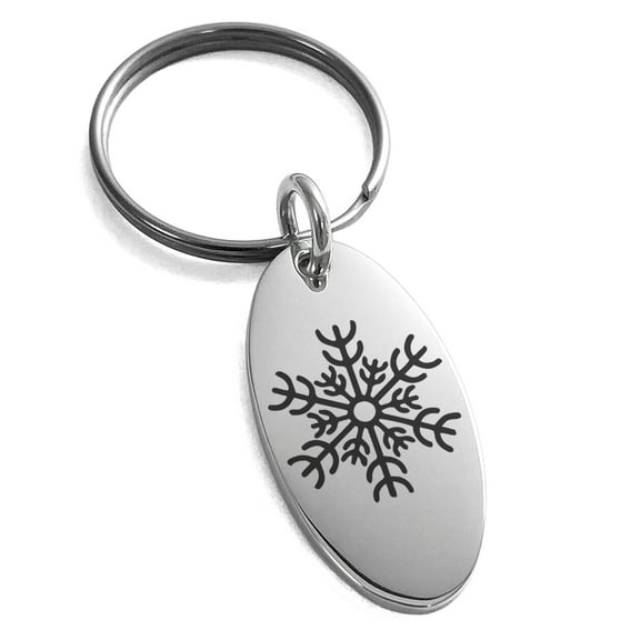 Stainless Steel Spring Snowflake Engraved Small Oval Charm Keychain Keyring