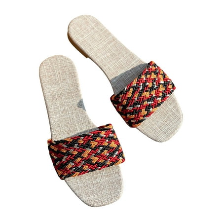 

Jsezml Womens Slides Sandals Comfortable Braided Strap Open Toe Summer Dressy Casual Flat Sandals Bohemia Beach Slippers