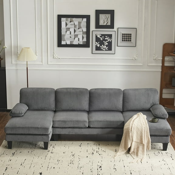 UBesGoo 111" Modular Sectional Sofa with Double Chaise, U-Shaped Cloud Corduroy Couch, 4 Seat Sofa Lounge Sleeper Furniture for Living Room, Gray
