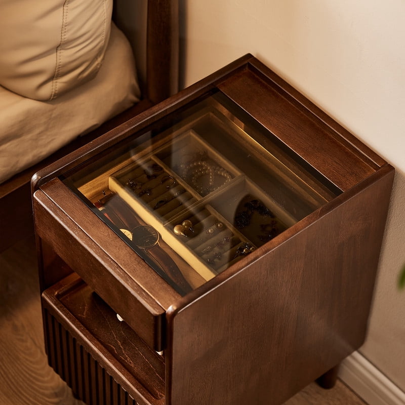 1PCS Solid Wood Nightstand with Drawers and Pull-Out Panel, Bedside Storage Table with Glass Flip Top, Sofa Side Table