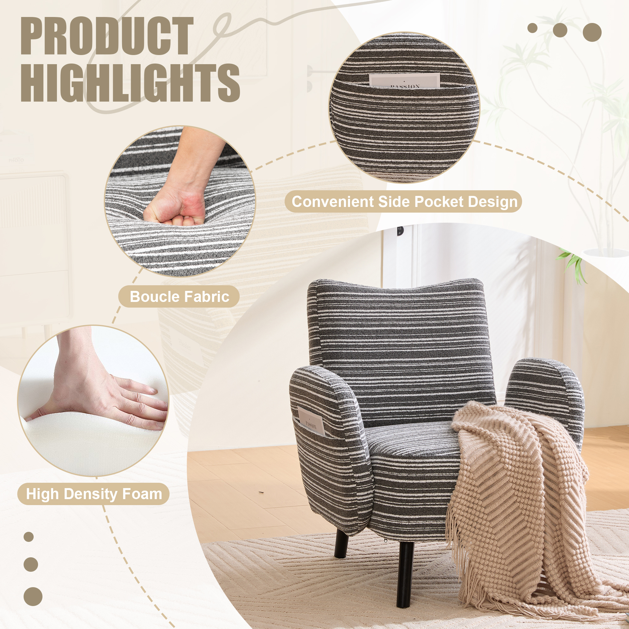 Leumius Armchair with Side Storage Pocket and Solid Wood Legs, Comfortable Reading Chair with Sanded Fabric for Living Room Bedroom Office Dark Gray