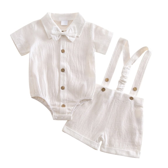 YWIYIUD Toddler Baby Boy Clothes Suit Solid Color Formal Dress Shirt Button Down Short Sleeve Romper with Bowtie Suspender Shorts Set Kids Boy Gentleman Suit Holiday Wedding Outfits 9-12 Months