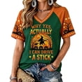 thumbnail image 2 of VXARARL Womens Short Sleeve V Neck Halloween T Shirts Pumpkin Shirts Why Yes Actually I Can Drive A Stick Graphic Autumn Tee Tops Ghost Pumpkin T Shirts Green XL, 2 of 4