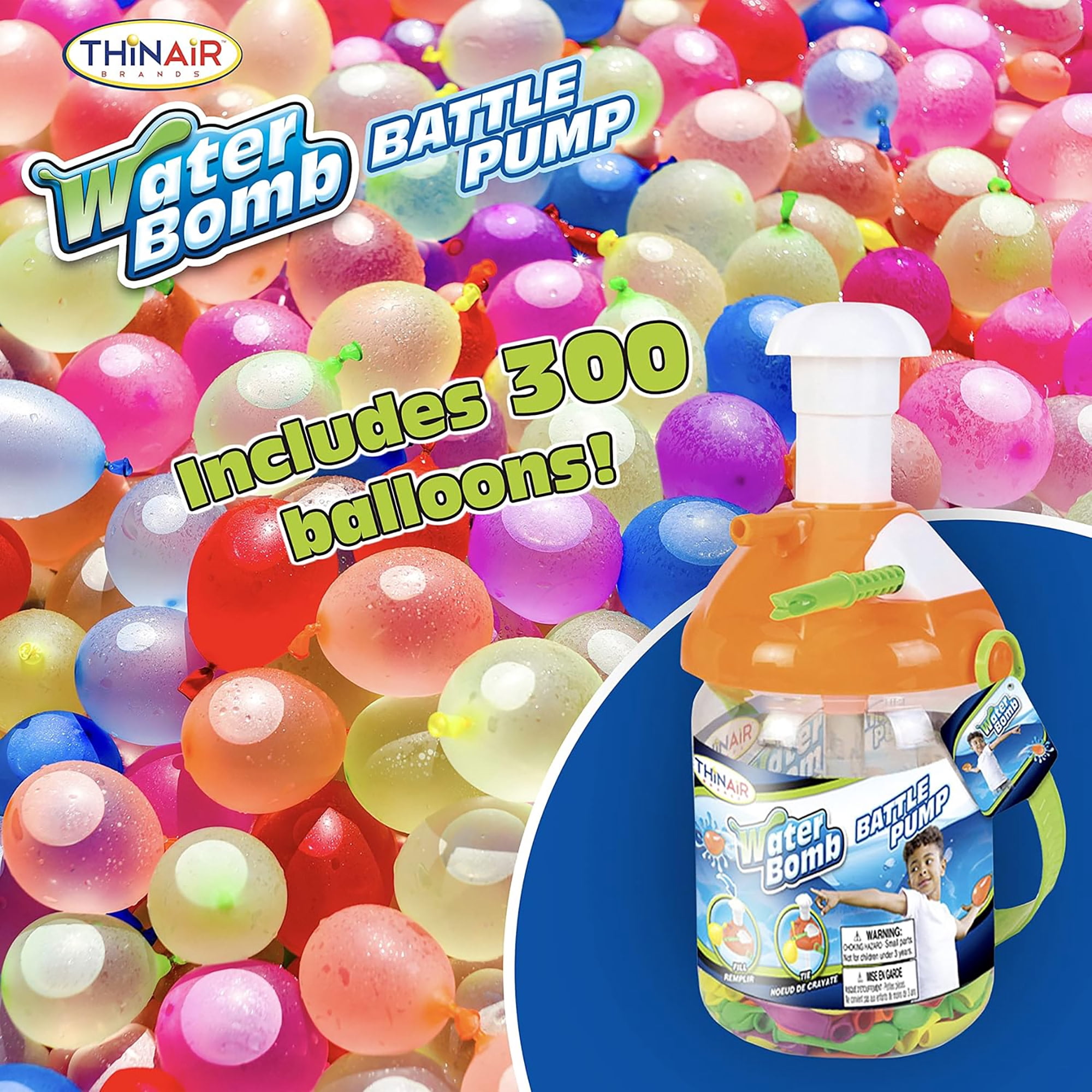 Scooba Duck: Water Bomb Battle Pump - 300 Balloons & Inflator, Tying Tool, Assorted Portable Container Lid Color - Yellow-Green-Orange-Blue, Kids 3+