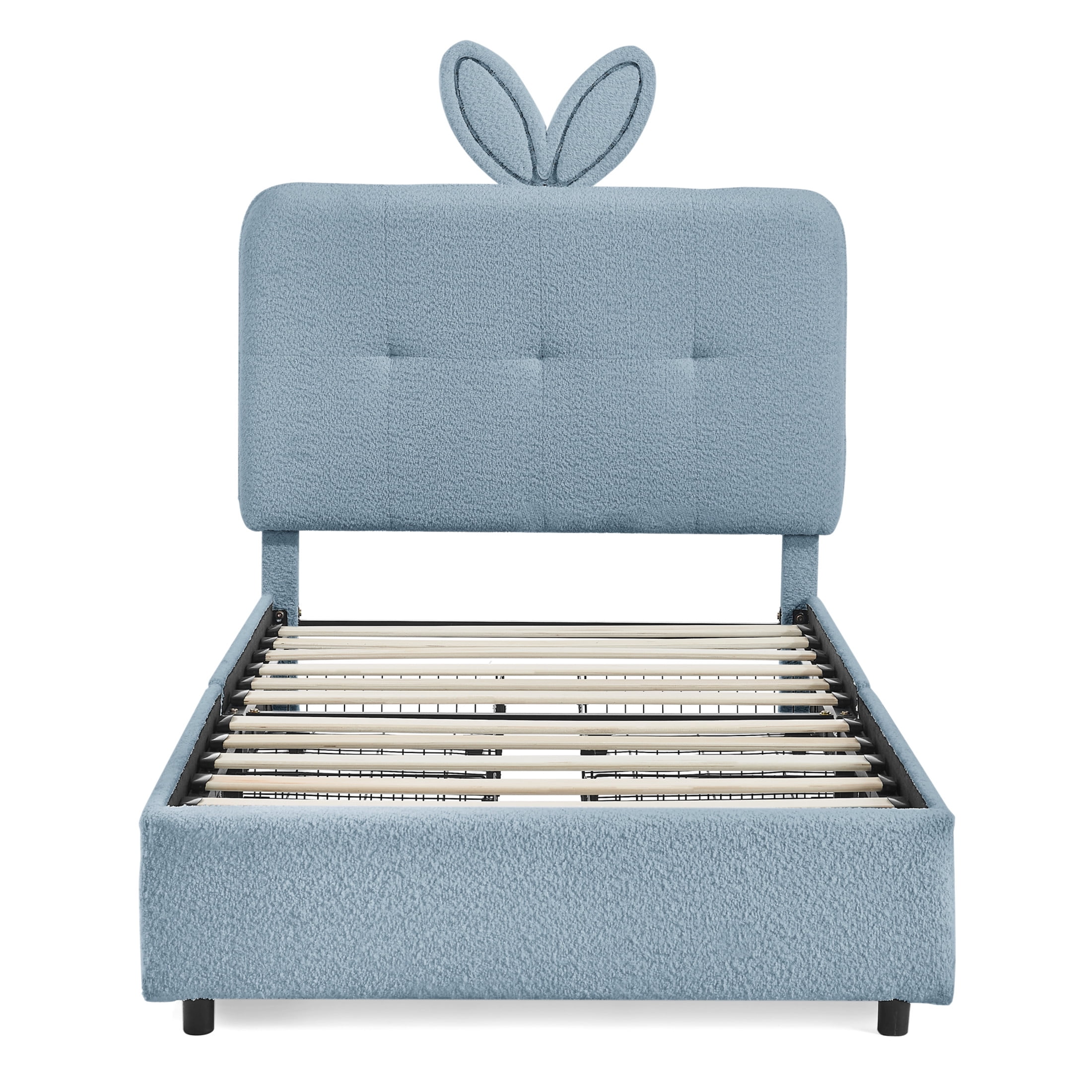 Noble House Bertis Twin Size Boucle Kids Bed, Rabbit Ear Headboard Bed Frame with LED Light and Storage Drawers, Navy