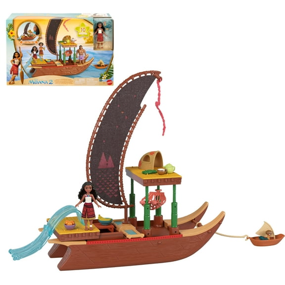 Disney Moana 2 Toys, Moana's Adventure Canoe Playset with 1 Small Doll, 1 Canoe & 10 Accessories
