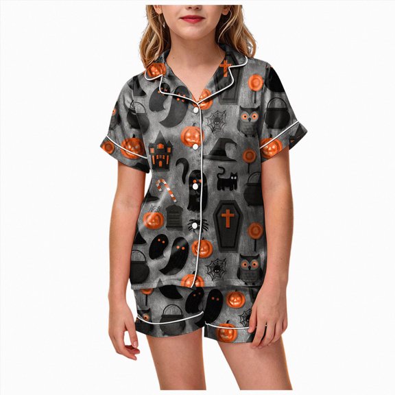 Leey-World Halloween Pajamas for Toddlers Girls Halloween Sets Sleeping Pants Cute Print Home Short Sleeve Shorts Pajama Set Full Suit Clothes