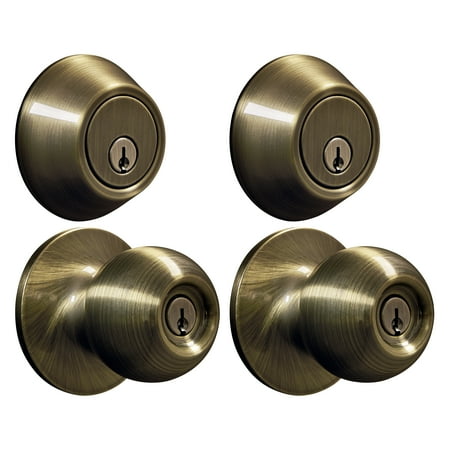 Hyper Tough Keyed Entry Ball Style Doorknob and Deadbolt Combo, Antique Brass Finish, Twin Pack