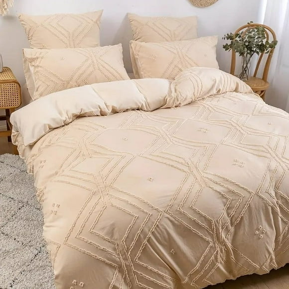 Ensemble de Housse de Couette Boho Tuftée, Literie Douce et Confortable, 2 Taies d'Oreiller, Toutes Saisons, Déco Maison, Ensemble de Literie, Poids Lourd, PENDANE, Beige