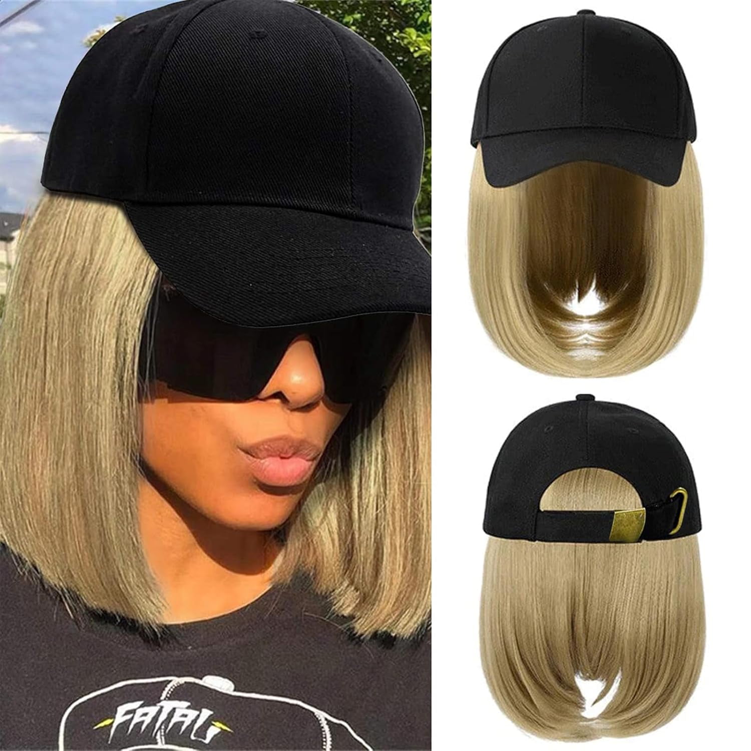 YEKEYI Baseball Cap with Hair Extensions Hat Wig Adjustable Hat Attached Short Straight Synthetic Hairpiece for Women