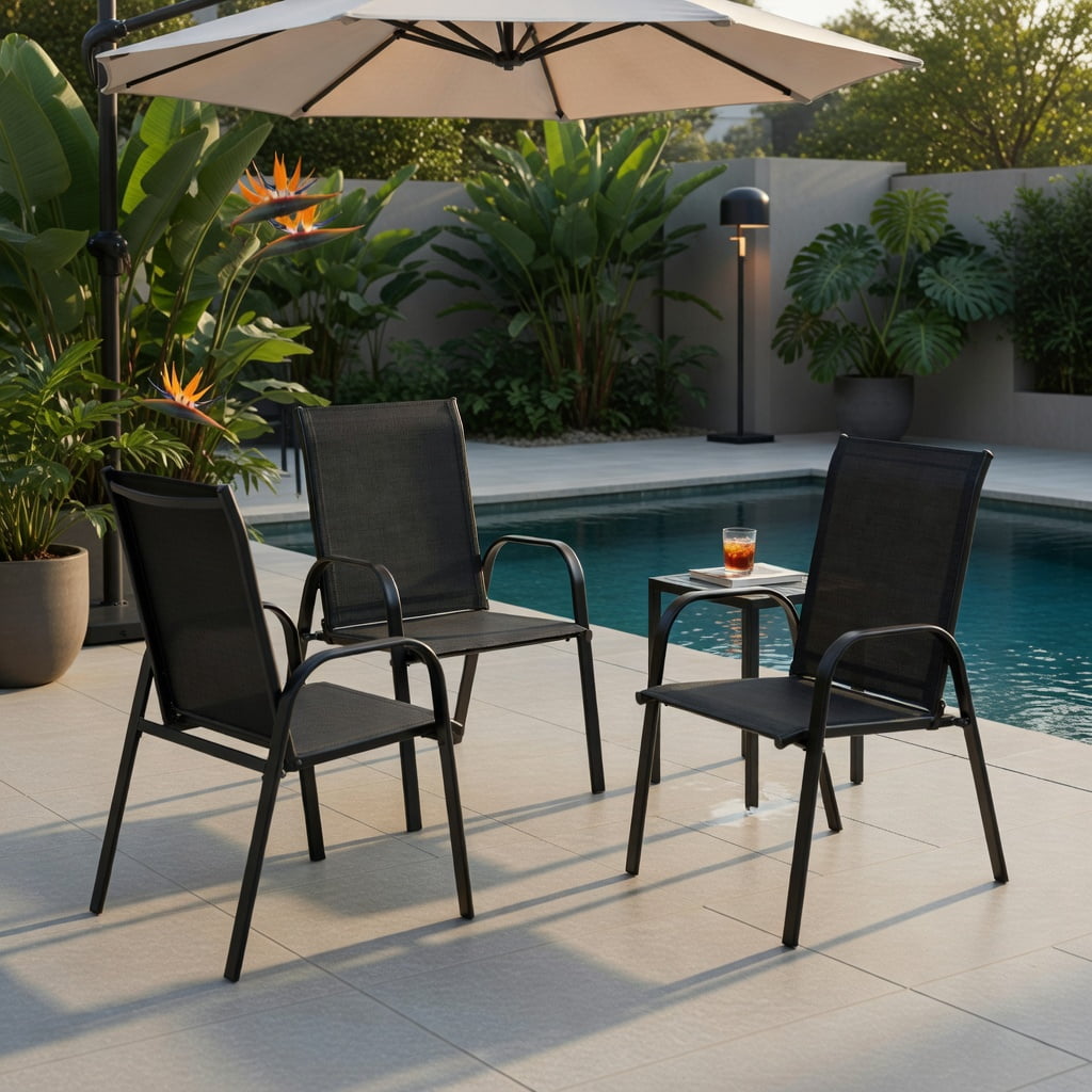 Hommoo 2-Pack Outdoor Dining Chairs with Armrests, Heavy-Duty Steel Frame, Breathable Fabric, All-Weather Patio & Balcony Seating, Black