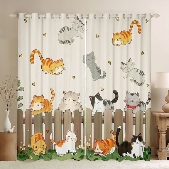 Homewish Cartoon Kitten Cat Black Out Curtains for Kids, Spring Flower Floral Curtains Pack of 2 (42x63 Each), Japanese Anime Animal Bedroom Curtains, Black Out Curtains Decor