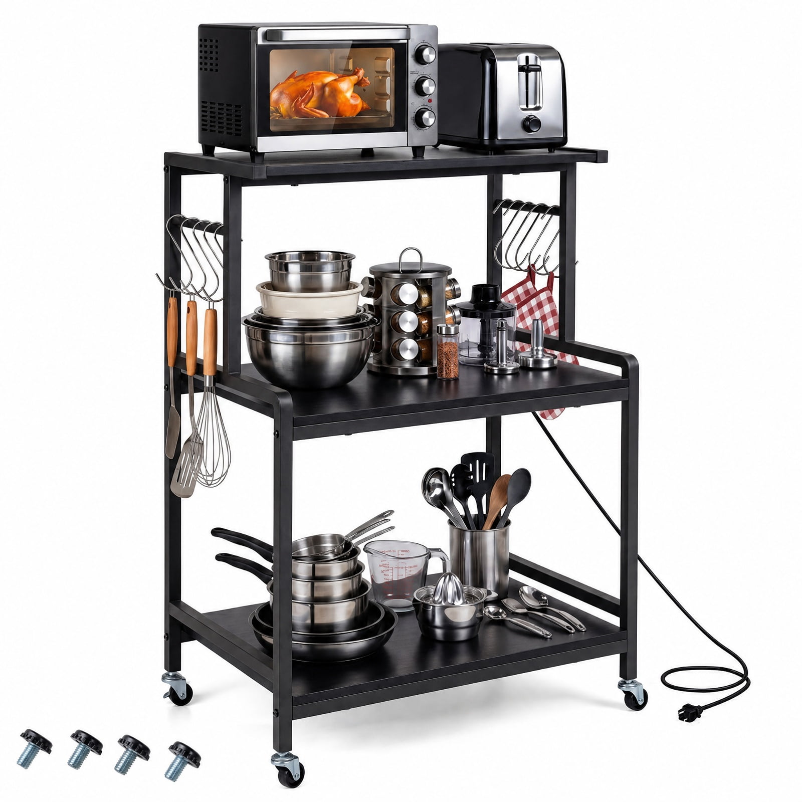 Furnibear Black 3-Tier Rolling Microwave Cart with Power Outlet Lockable Wheels and 10 Hooks