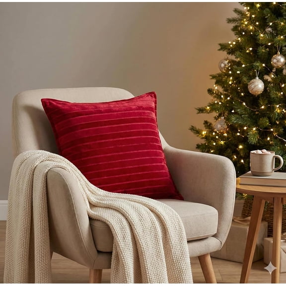 Velvet Throw Filled Pillow , Red Striped Textured Design, 20x20 Inches, 1pcs