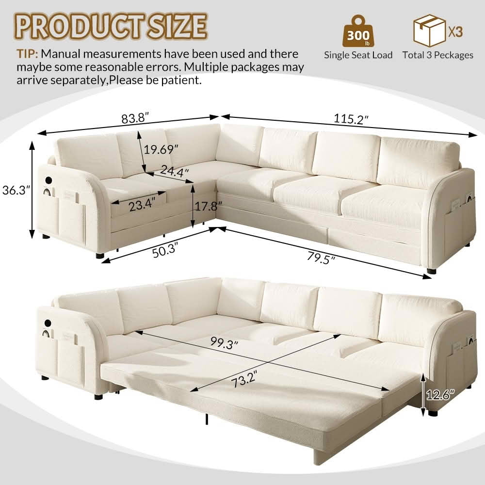 MAYEERTY 115.2" L‑Shaped Convertible Sleeper Sofa, Sherpa Fleece Sectional Couch with Pull‑Out Bed, Side Pocket & USB Port, Reversible Left/Right Chaise