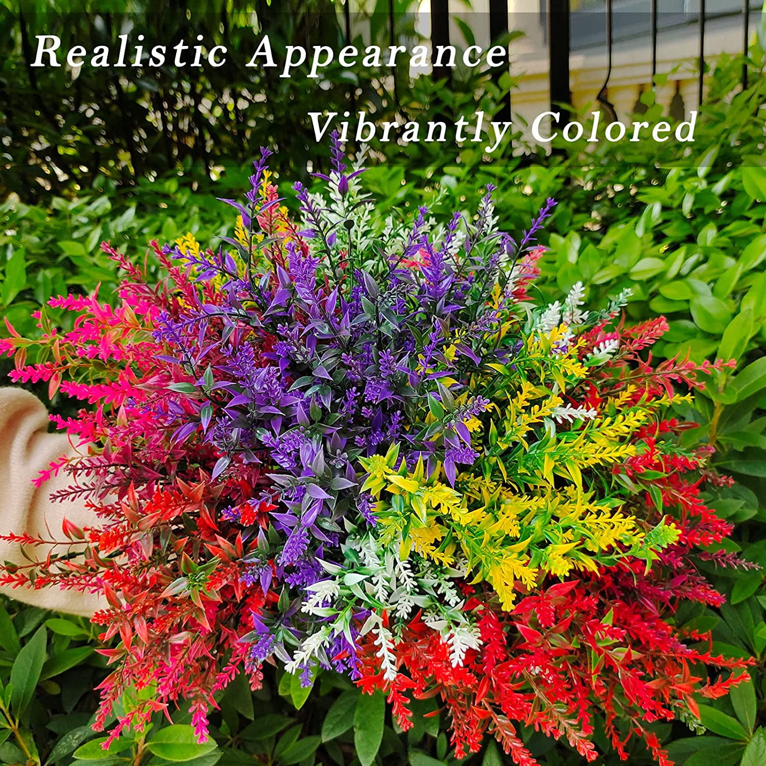 Morttic 21 Bundles Faux Plants Outdoor Fake Flowers Artificial Flowers Fake Shrubs Greenery Bushes Bouquet UV Resistant Faux Bushes Plastic for Home Garden Decor (7 Colors)