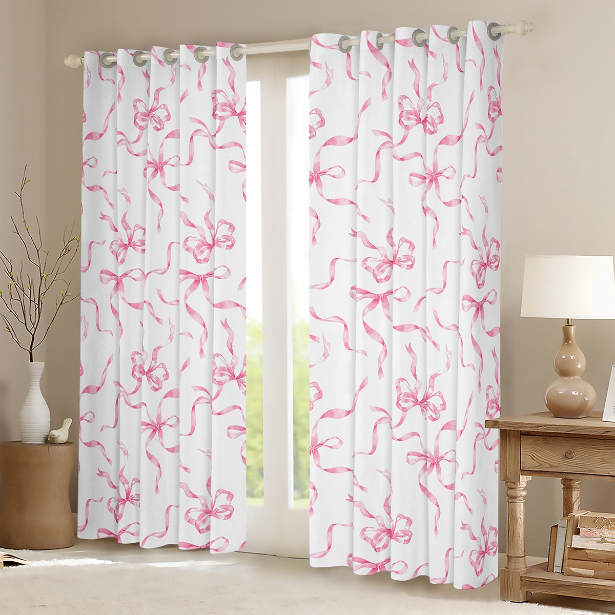 jejeloiu Cute Bowknot Blackout Curtains Set of 2 (52x84 Each),Ribbon Bow Window Curtains,Pink White Curtains and Drapes For Girls,Super Cozy Bedroom Decor