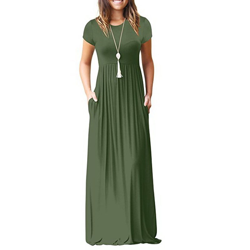 Women's Casual Long Dress Solid Color Short Sleeve Summer Outfit Maxi ...